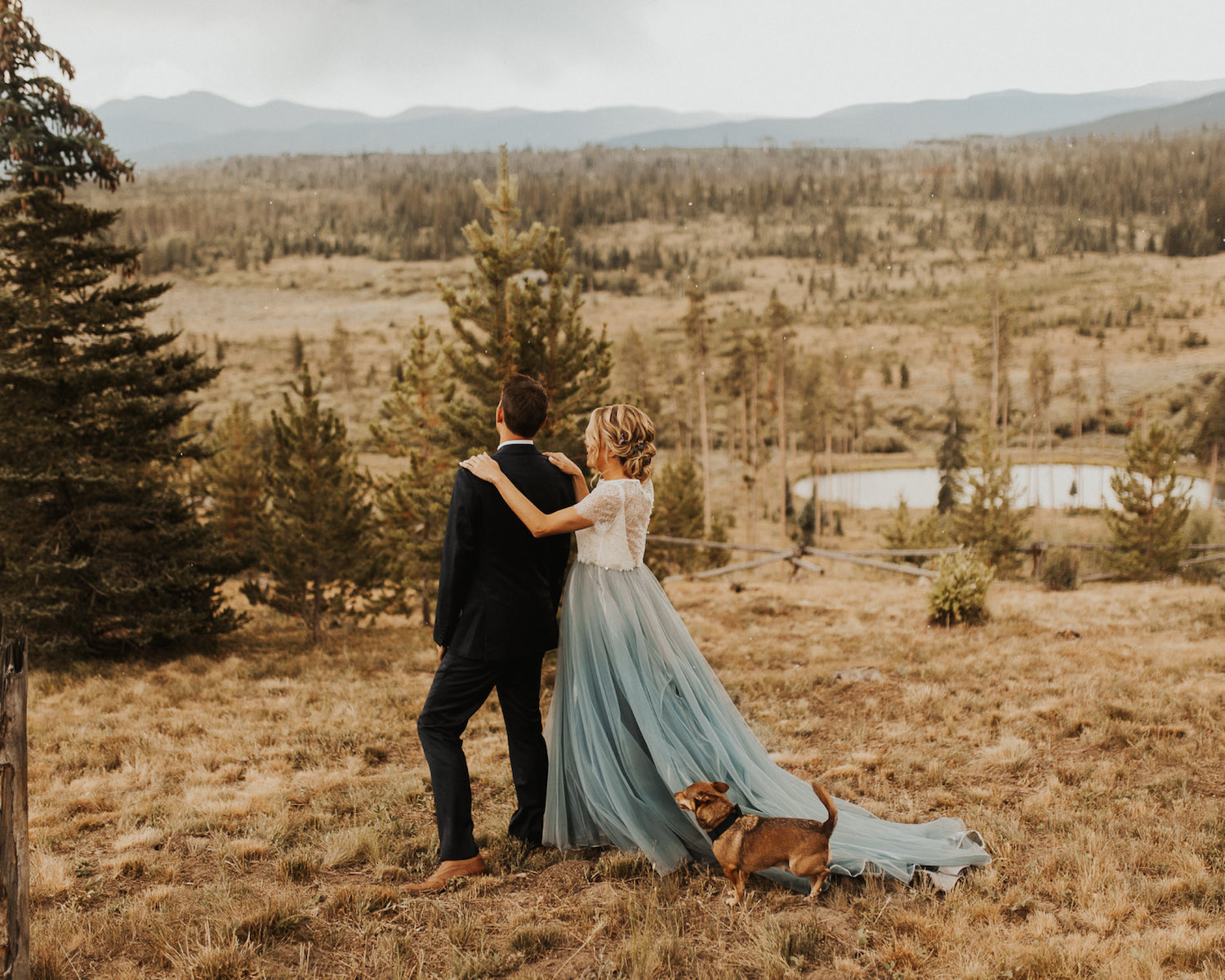 first look with blue wedding dress 