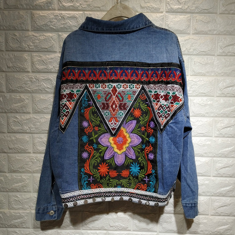 Floral Embroidery Retro Boho Cotton Denim Jacket (Blue One size ...