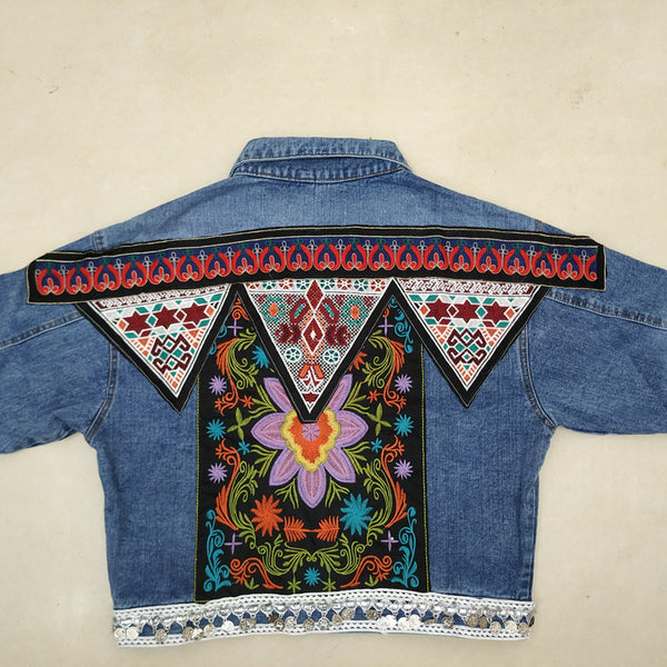 Floral Embroidery Retro Boho Cotton Denim Jacket (Blue One size ...