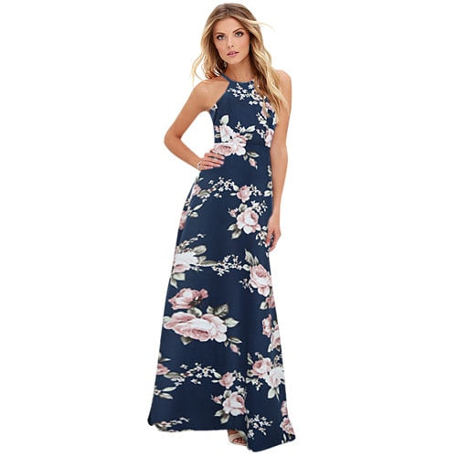 Women Halter Neck Vintage Floral Print Sleeveless Maxi Dress – ebuytrends