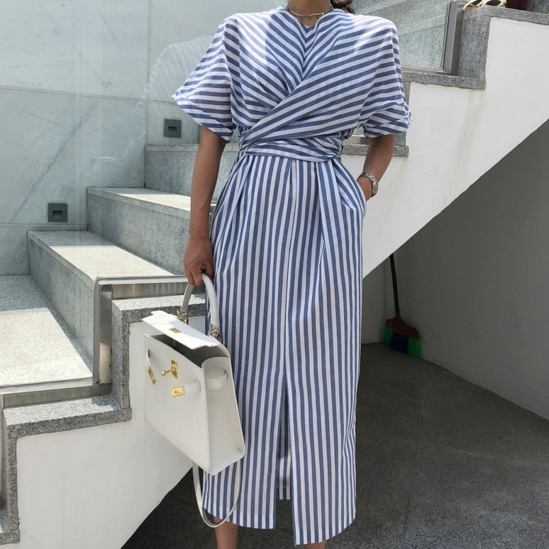 Women Cotton Blue Striped Bandage Split Long Maxi Dress – ebuytrends