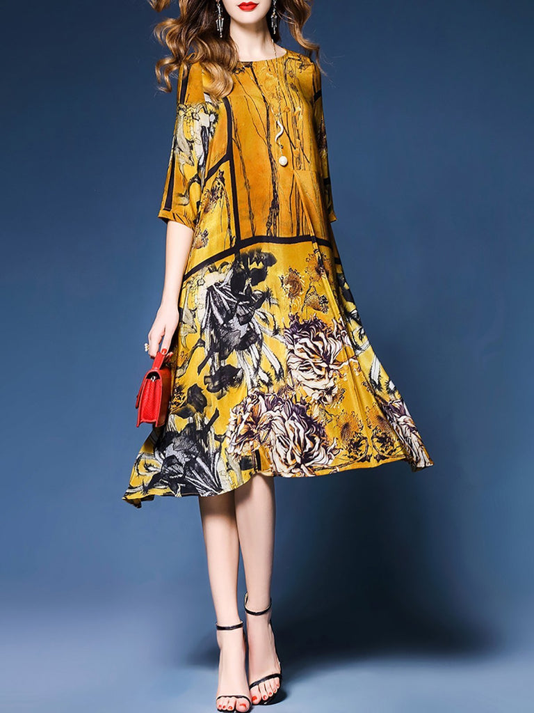 Yellow Printed Vintage Chiffon Midi Dress – ebuytrends