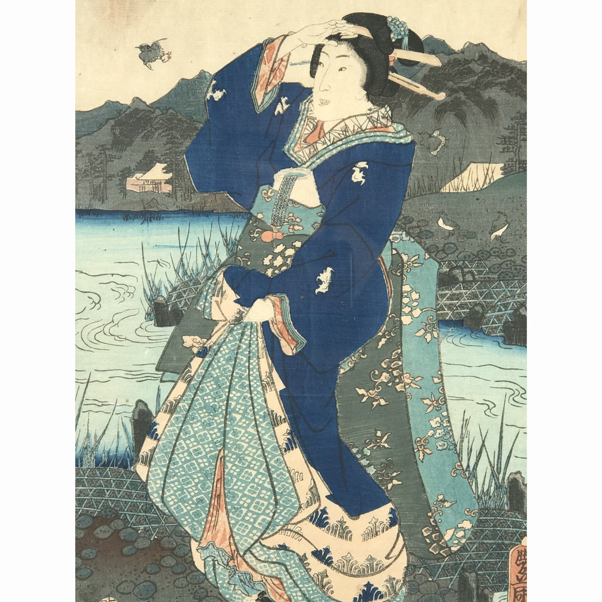 Framed Kunisada Woodblock Print - Meiji Period - Indigo Asian Antiques