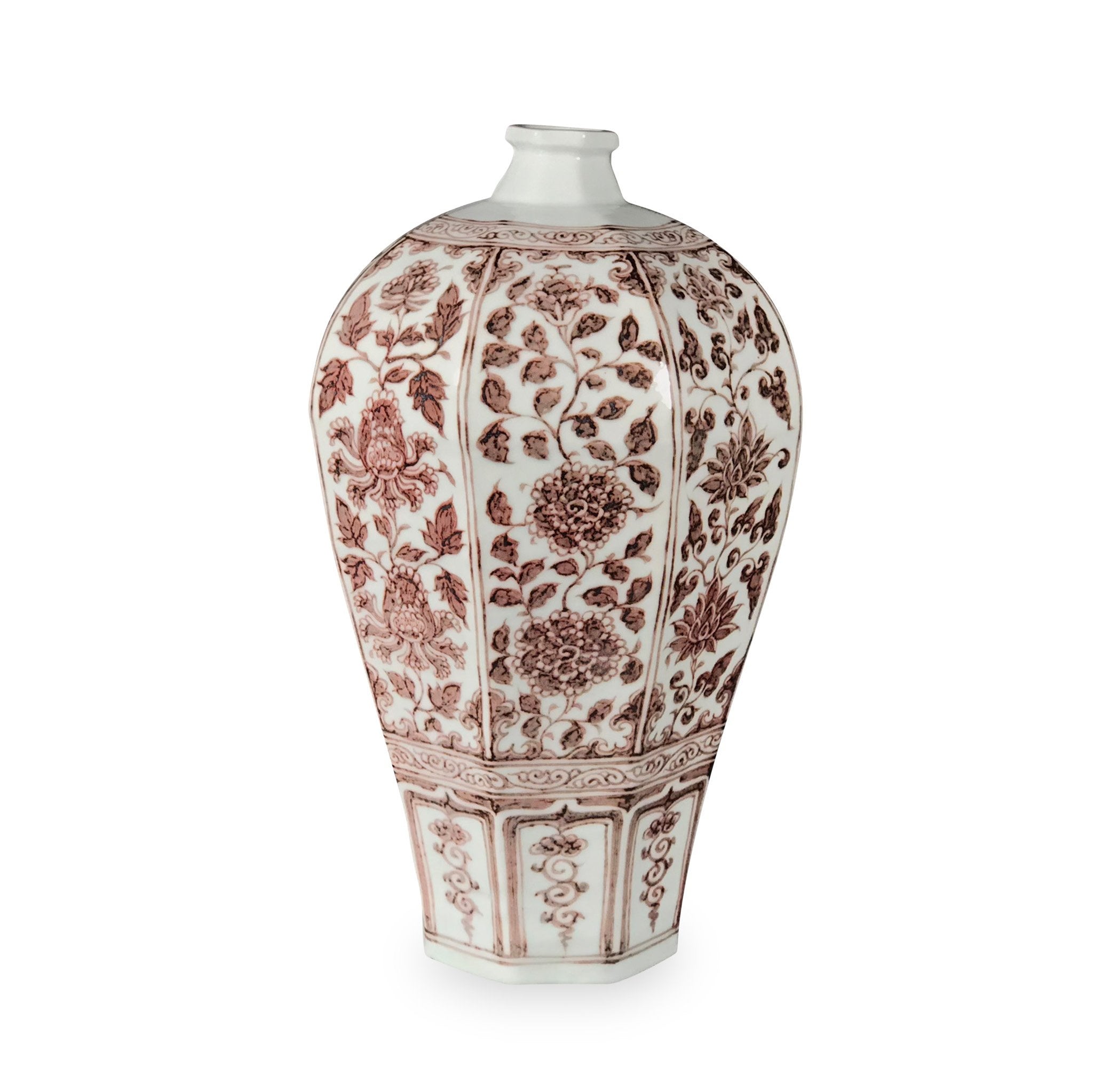 Copper-red Porcelain Octagonal Meiping Vase - Peony Design - Indigo ...