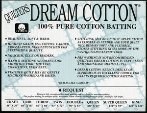 Quilters Dream Cotton - Request, 100% Cotton batting, 93" or 120" wide, per half-yard