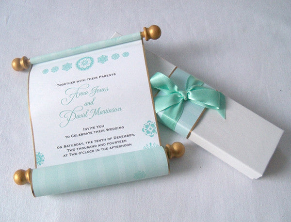 Aqua and gold princess wedding invitations, boxed – Artful Beginnings