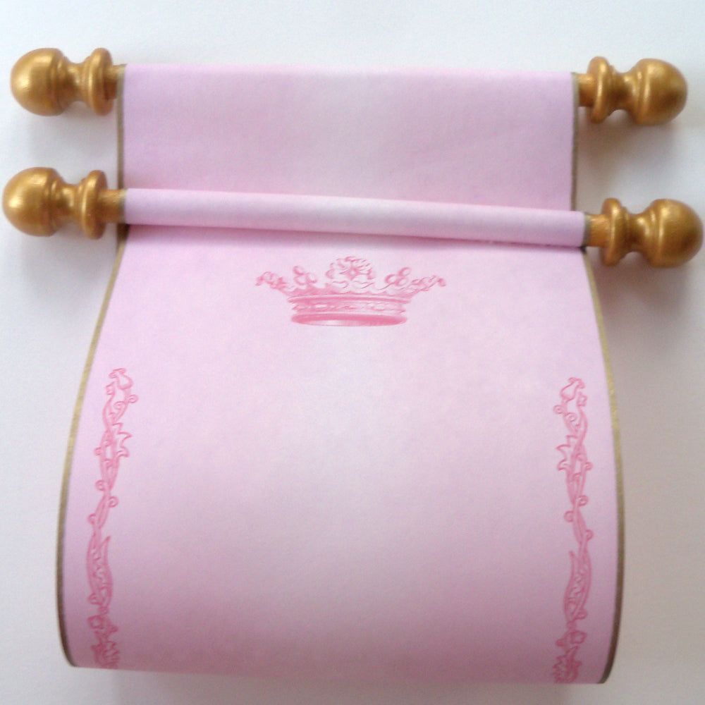 Blank aged parchment paper scroll in pink with princess ...