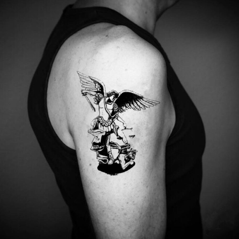 Inspiring Black Ink Archangel Michael Tattoo On Forearm