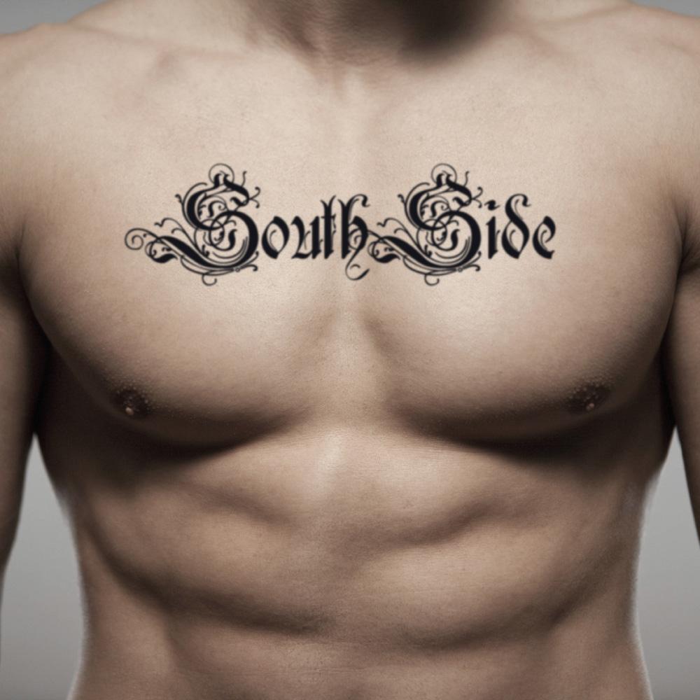 Thug Life Lettering With Bullet Tattoo On Man Chest