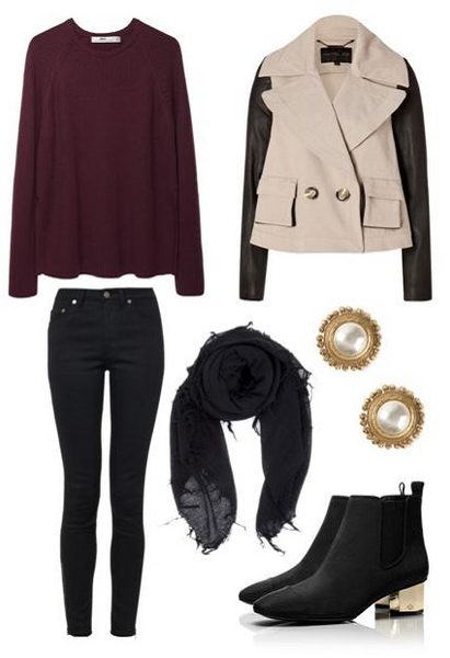 Black Scarf Outfit: Skinny Jeans / Crew Neck Pullover / Trench Jacket ...