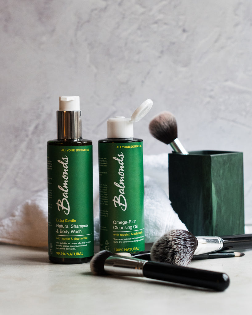 Balmonds skincare surrounded by washed makeup brushes