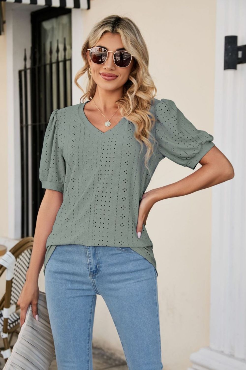 Eyelet Square Neck Puff Sleeve Blouse