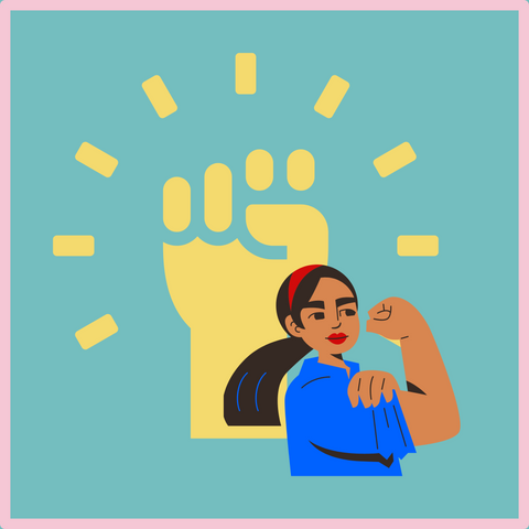 Strong woman image with blue background and yellow fist in background.