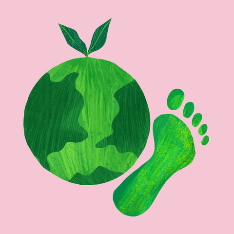 Pink background, with a green plant that also looks like the earth and a green foot print.