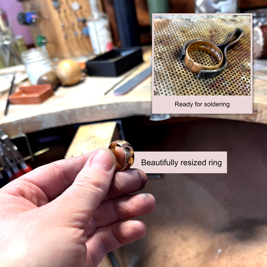 A polished gold ring, held by the jeweller in front of her workbench.
