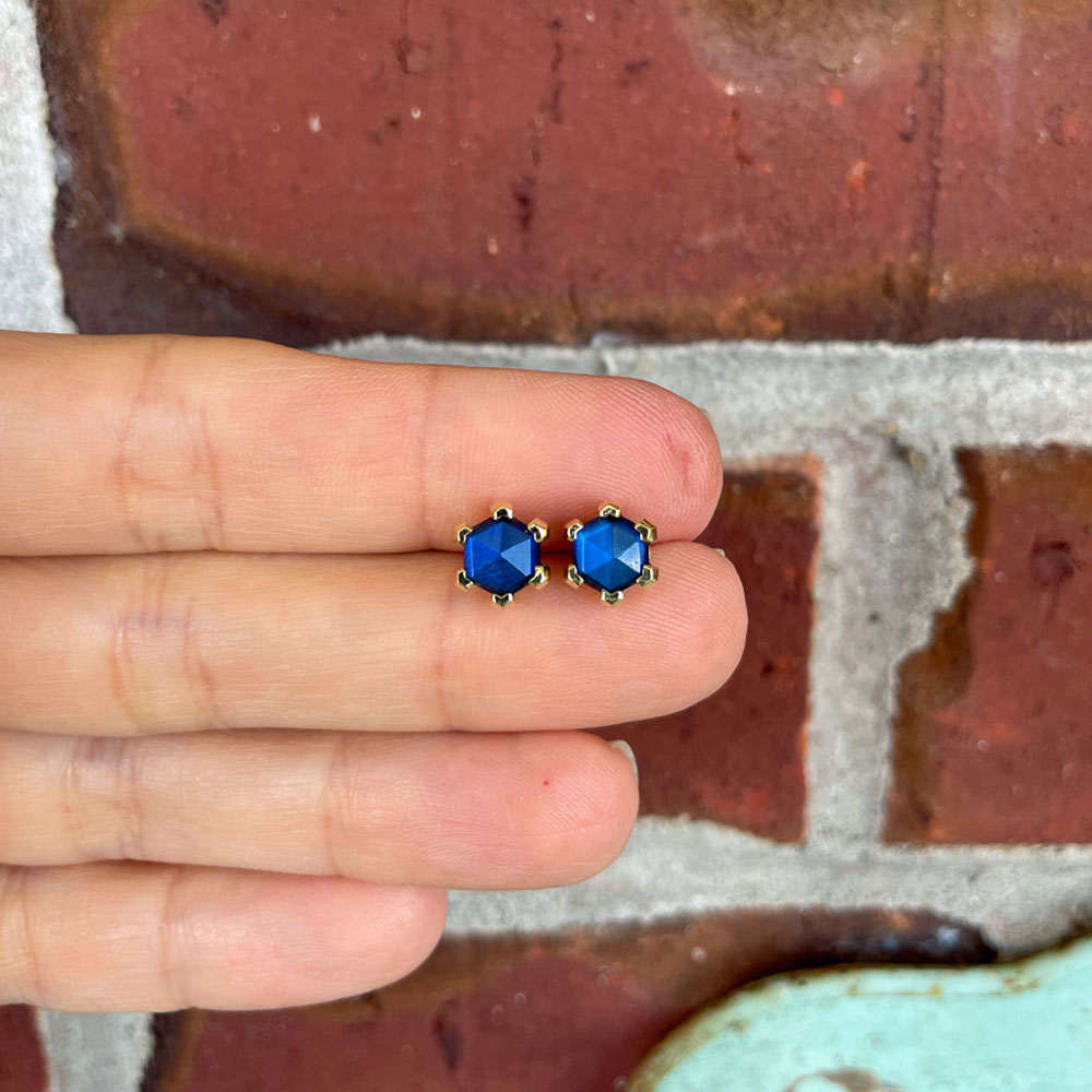 Blue Flash Moonstone Hexagon Stud Earrings