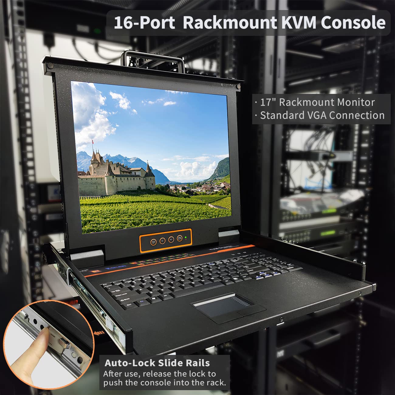 Port Rackmount KVM Console w/ 6ft Cables Integrated Switch  19