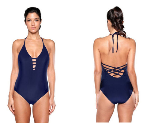 Navy Strappy Plunge Swimsuit | Lookbook Store