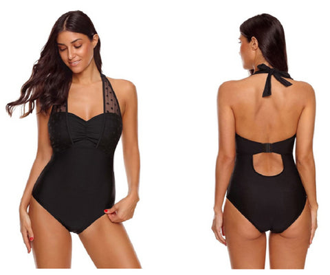 Black Sweetheart Neckline Dotted Mesh Halter Swimsuit | Lookbook Store