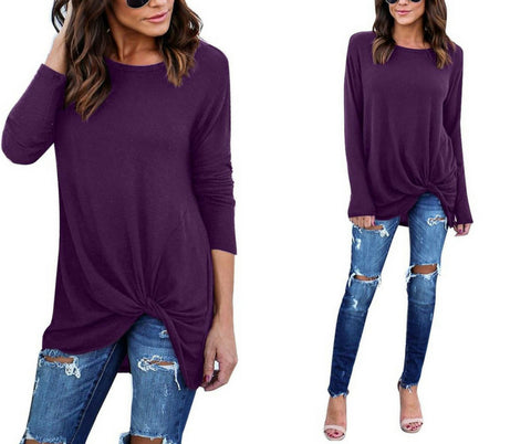 Purple Front Twist Knot Long Sleeves Crew Neck Blouse