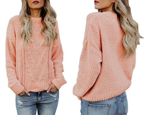 Pink Crew Neck Velvet Cable Knit Pullover Sweater