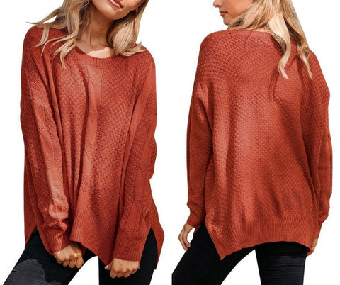 Rust Red Ribbed Knit Textured Side-Slit Sweater