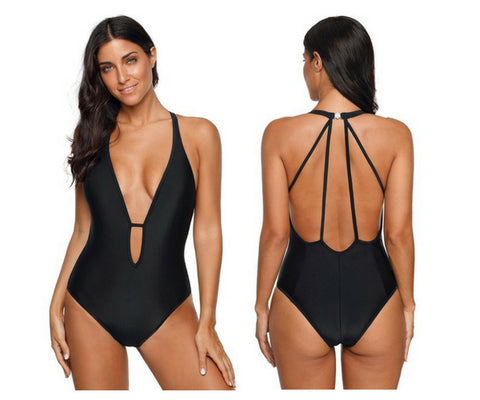 Black Cutout Plunge Neck Multi-Strap Back Swimsuit | Lookbook Store