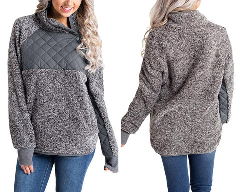 Grey Oblique Button Neck Splice Quilted Fleece Pullover