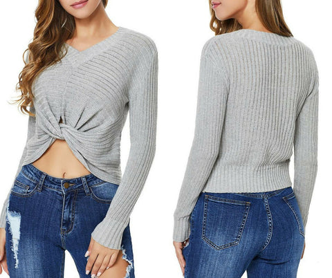 Grey V-Neck Front Twist Knot Ribbed Knit Sweater