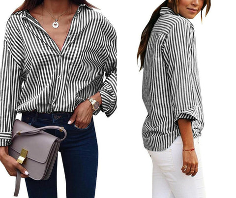 Black Vertical Striped Long Sleeves Button-Up Top