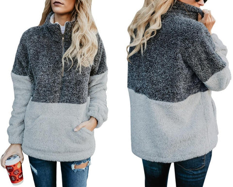 Dark Grey Color Block Half-Zip Fuzzy Fleece Sweater