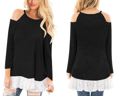 Black Long Sleeves Floral Lace Hem Cold-Shoulder Top