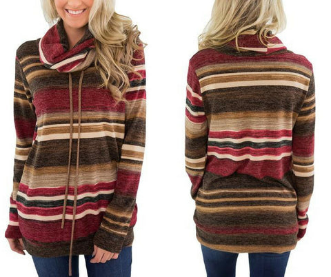 Burgundy Striped Colorblock Cowl Neck Drawstring Pullover Top