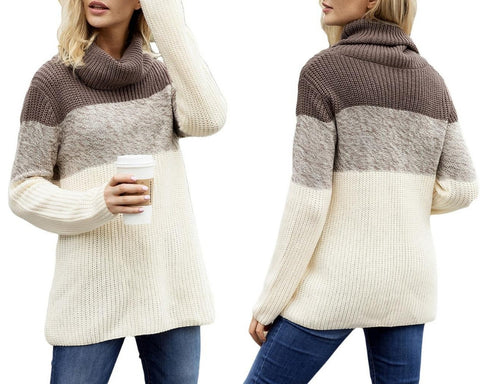 Brown Cowl Neck Color Block Knit Sweater
