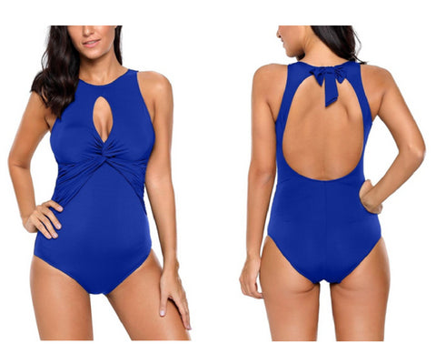 Royal Blue Twist-Front Bow-Back Keyhole Swimsuit | Lookbook Store