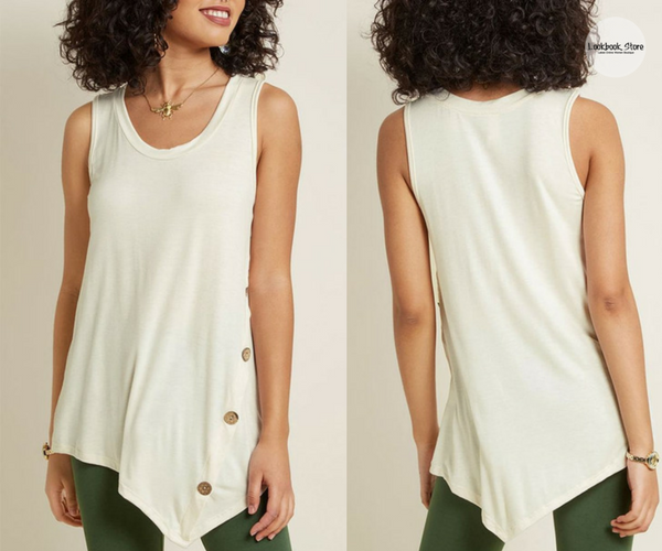 Beige Crew Neck Asymmetric Sleeveless Blouse | Lookbook Store