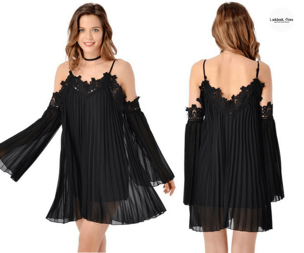 Black Cold-Shoulder Pleated Shift Dress - Lookbook Store