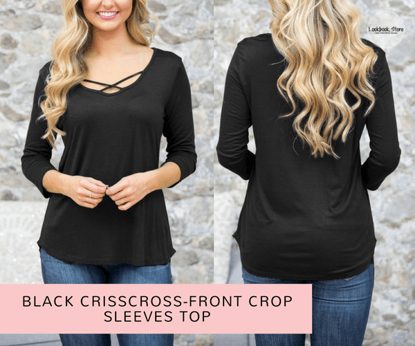 Black Crisscross-Front Crop Sleeves Top - Lookbook Store