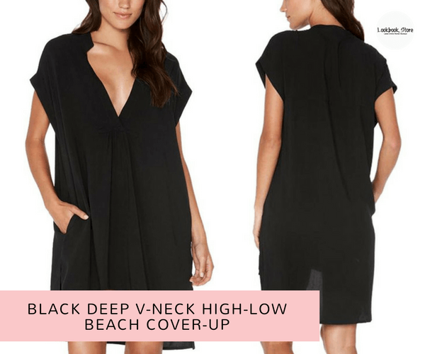 Black Deep V-Neck High-Low Beach Cover-Up | Lookbook Store