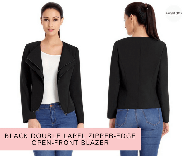 Black Double Lapel Zipper-Edge Open-Front Blazer | Lookbook Store