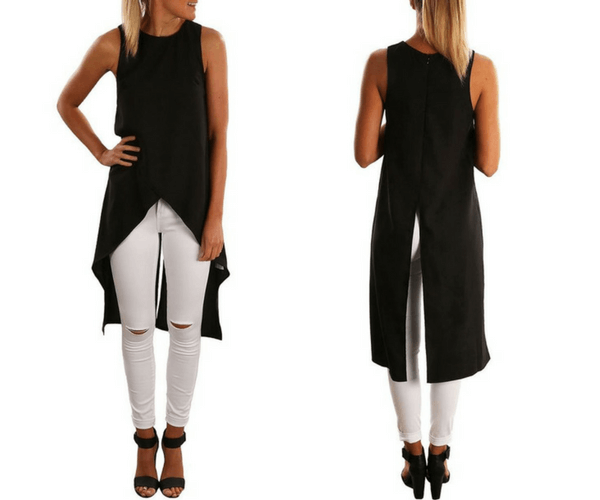 Black Faux Wrap Asymmetrical Sleeveless Blouse | Lookbook Store