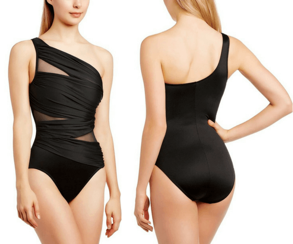 Black Mesh One-Shoulder Ruched Swimsuit | Lookbook Store