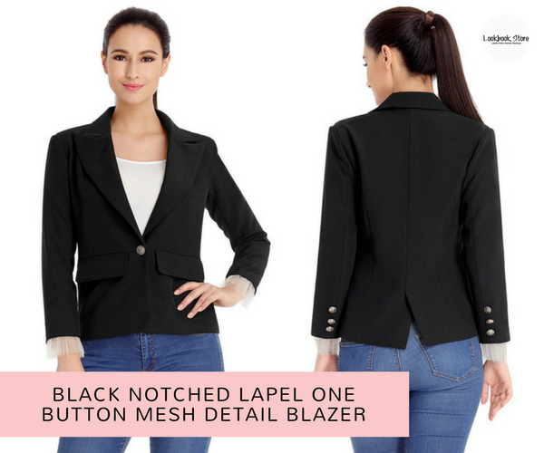 Black Notched Lapel One Button Mesh Detail Blazer | Lookbook Store