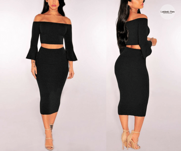 Black Ribbed Knit Bell-Sleeved Two-Piece Skirt Set | Lookbook Store