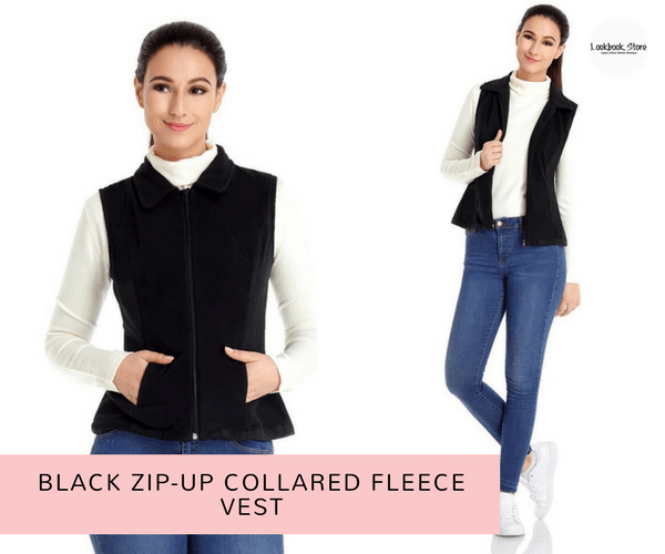 Black Zip-Up Collared Fleece Vest - Lookbook Store