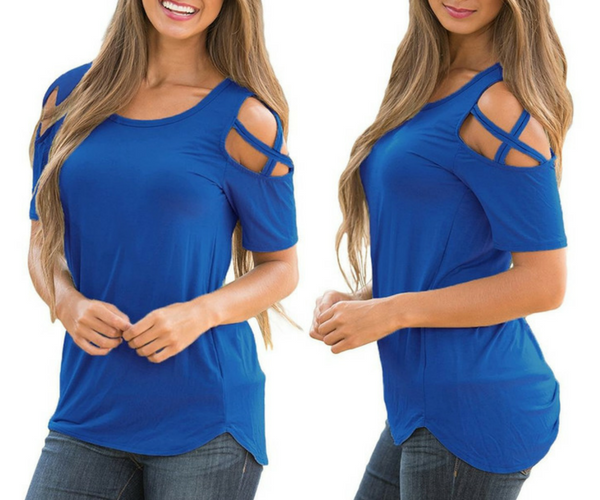 Blue Crisscross Cutout Shoulder Blouse | Lookbook Store