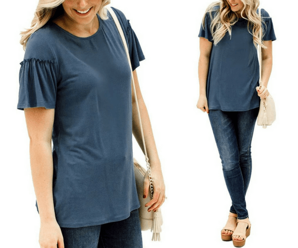 Blue Short Ruffle Sleeves Casual Blouse - Lookbook Store