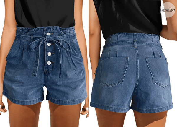 Dark Blue Button-Up High-Waist Belted Denim Shorts | Lookbook Store