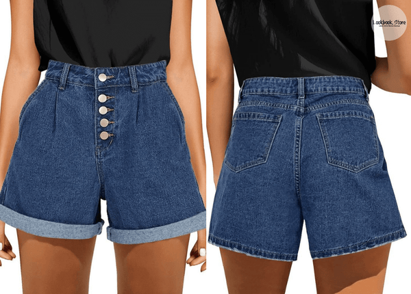 Dark Blue High Waist Wide-Leg Buttons Denim Shorts | Lookbook Store