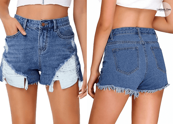 Dark Blue Pockets Out Ripped Denim Shorts | Lookbook Store